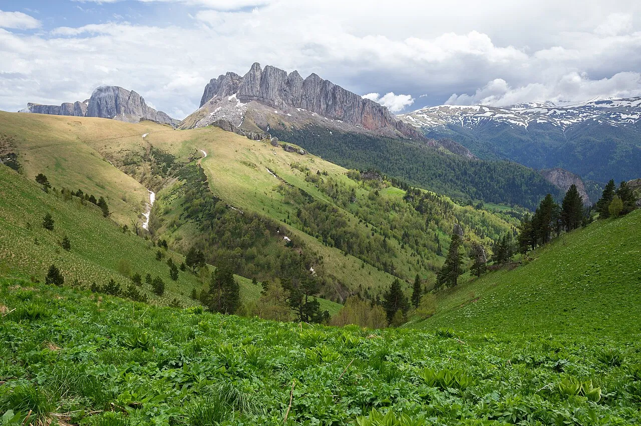 Acheshbok Massif and Shisha River headwaters, Adygea, Western Caucasus, Russia. These landscapes represent the Early Mesozoic evolution of the Western Caucasus, its Triassic-Jurassic sedimentary and magmatic history.