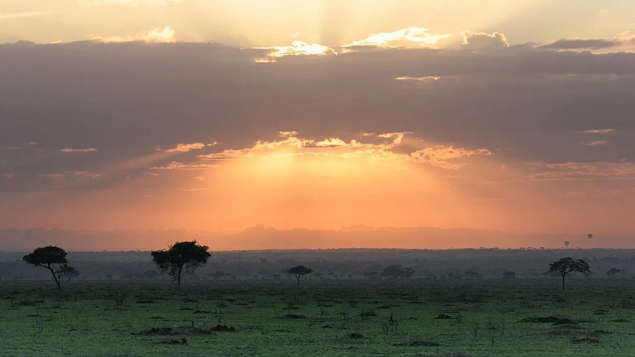 Serengeti Sunrise Beams. Two balloons flying in the background.