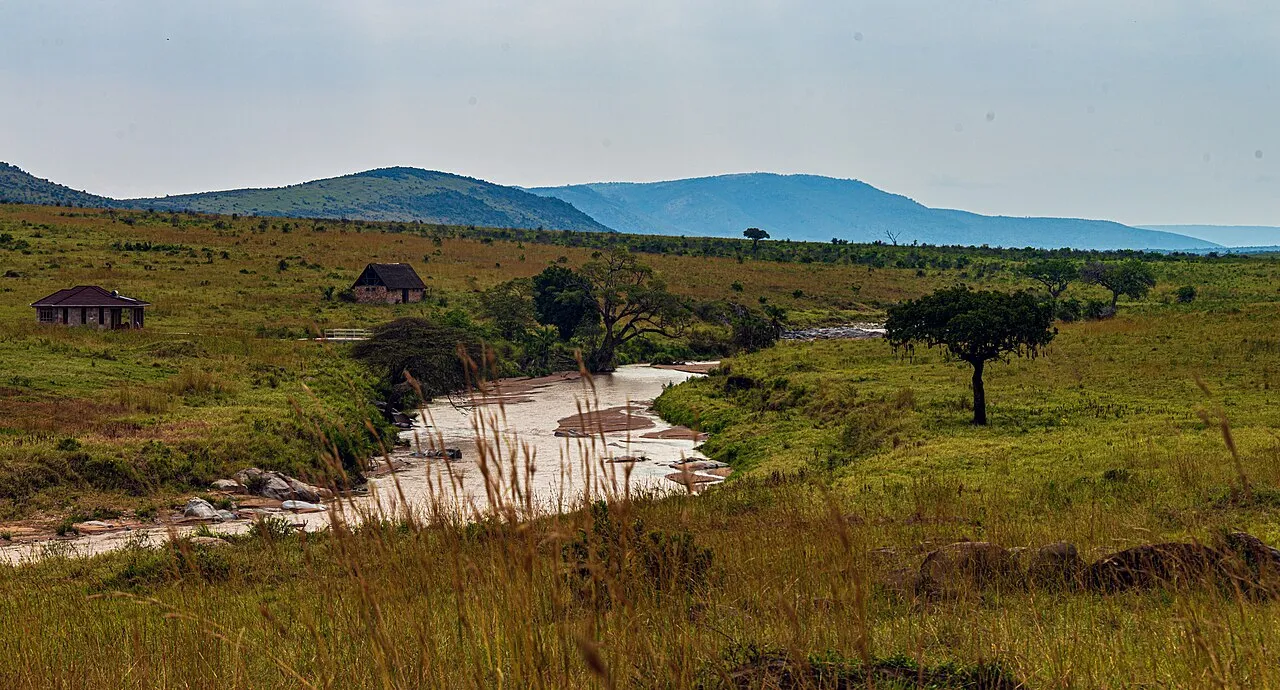 The Sand River, seen from the road above the bridge near Sand River Gate of Kenya's Maasai Mara National Reserve near the Tanzanian border . The buildings are for the park staff who work the gate.