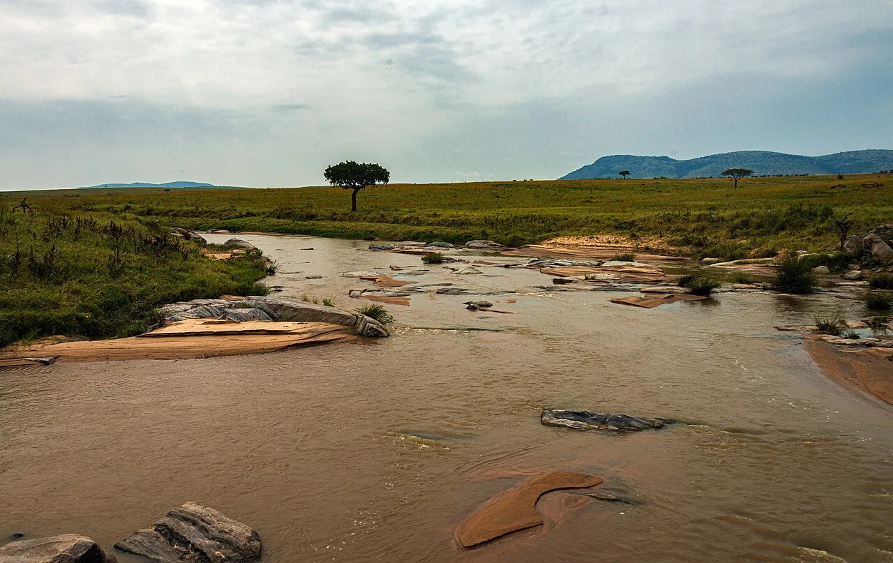 The Sand River, seen from the bridge near Sand River Gate of Kenya's Maasai Mara National Reserve near the Tanzanian border