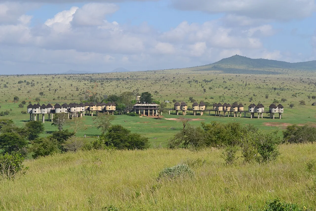 Salt Lick Game Lodge, as viewed from the south, near the eastern boundary of the LUMO Community Wildlife Sanctuary , in the Taita Hills Wildlife Sanctuary , Kenya .