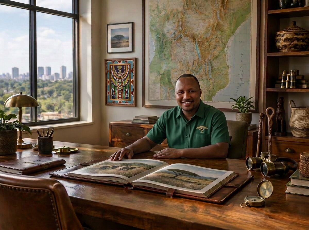 Dennis Njoroge at his desk in the Perch Africa Safaris office in Nairobi
